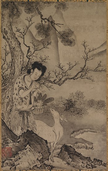 Female Daoist Figure in Landscape, early 1500s. Koboku (Japanese). Hanging scroll; ink on paper; painting only: 44.5 x 27.9 cm (17 1/2 x 11 in.); including mounting: 27 x 44.4 cm (10 5/8 x 17 1/2 in.).