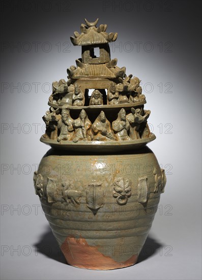 Funerary Urn (Hunping), late 200s. China, Western Jin dynasty (265-316). Green-glazed stoneware with molded and sculpted decoration; diameter: 28.8 cm (11 5/16 in.); overall: 52.1 cm (20 1/2 in.).