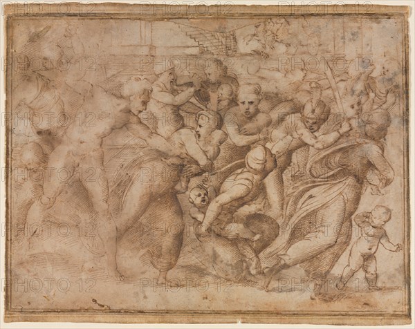 Copy of Raphael's Massacre of the Innocents, after 1510. Follower of Raphael (Italian, 1483-1520). Pen and brown ink (iron gall) and brush and brown wash, heightened with traces of lead white(?) (oxidized); framing lines in brown ink; sheet: 22.8 x 30.1 cm (9 x 11 7/8 in.); secondary support: 23.9 x 30.5 cm (9 7/16 x 12 in.).