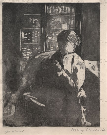 Knitting in the Library, c. 1881. Mary Cassatt (American, 1844-1926). Soft-ground etching and aquatint