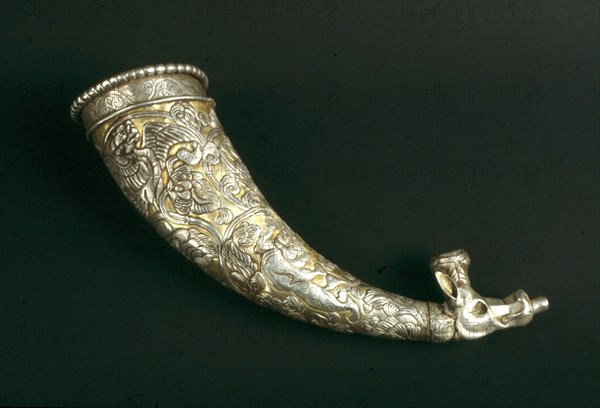 Rhyton, c. 700. Central Asia or Tibet, early 8th century. Silver with gilding; overall: 30.5 cm (12 in.).