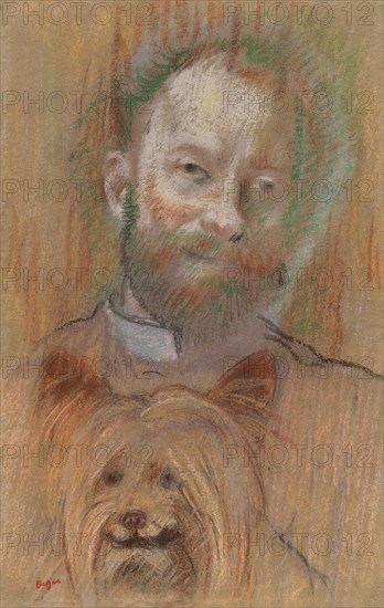 Ludovic Lepic Holding His Dog, 1889. Edgar Degas (French, 1834-1917). Pastel; sheet: 49.8 x 32.1 cm (19 5/8 x 12 5/8 in.); secondary support: 50.6 x 38 cm (19 15/16 x 14 15/16 in.).