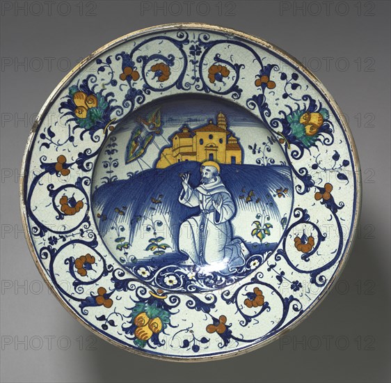 Bowl Depicting Saint Francis Receiving Stigmata, 1531. Italy, Deruta, 16th century. Tin-glazed earthenware (maiolica); diameter: 41.3 cm (16 1/4 in.).