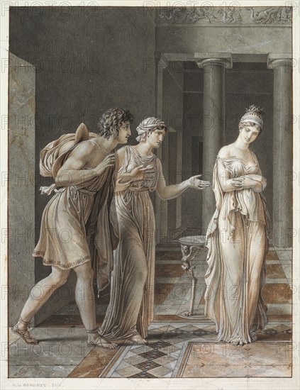 The Meeting of Orestes and Hermione, c. 1800. Anne-Louis Girodet de Roucy-Trioson (French, 1767-1824). Pen and brown and black ink, point of brush and brown and gray wash, with black chalk and graphite, heightened with white gouache on cream wove paper; sheet: 28.5 x 21.8 cm (11 1/4 x 8 9/16 in.); image: 26.2 x 20 cm (10 5/16 x 7 7/8 in.).