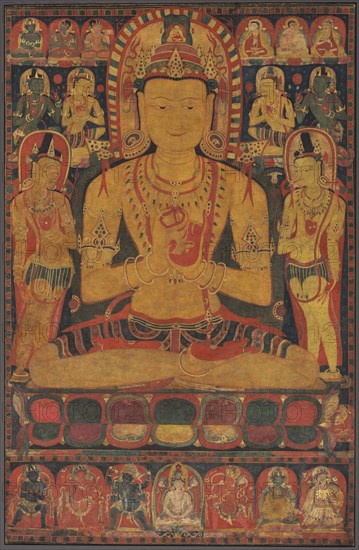 Tantric Buddha Vairochana, c. 1150-1200. Central Tibet, last half 12th Century. Opaque watercolor, gold, and ink on cloth; overall: 111 x 73 cm (43 11/16 x 28 3/4 in.).