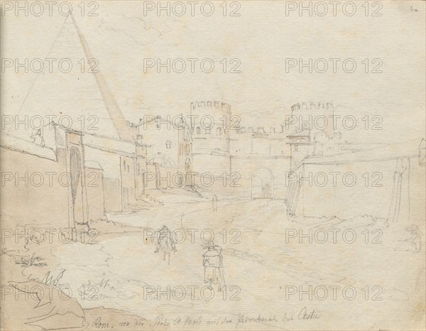 Album with Views of Rome and Surroundings, Landscape Studies, page 06a: "Rome von der Porta St. Paolo". Franz Johann Heinrich Nadorp (German, 1794-1876). Graphite with brown wash;