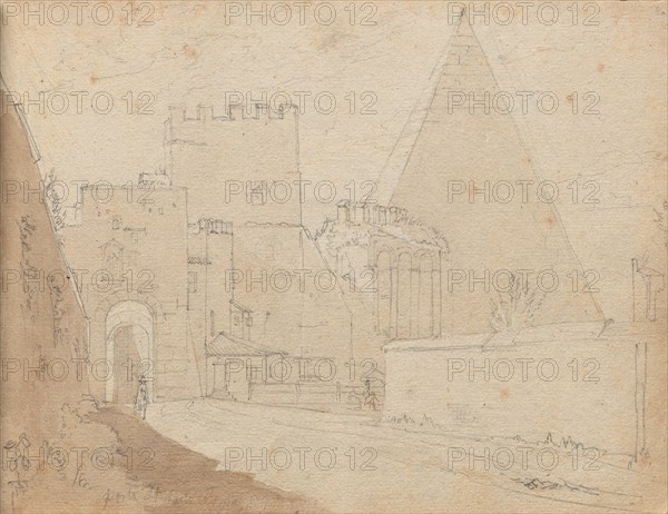 Album with Views of Rome and Surroundings, Landscape Studies, page 08a: "Porta St. Paolo". Franz Johann Heinrich Nadorp (German, 1794-1876). Graphite with brown wash;