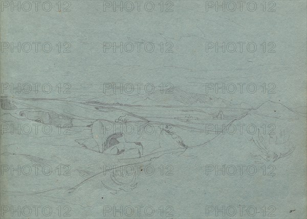 Album with Views of Rome and Surroundings, Landscape Studies, page 52a: Roman Landscape. Franz Johann Heinrich Nadorp (German, 1794-1876). Graphite on blue paper