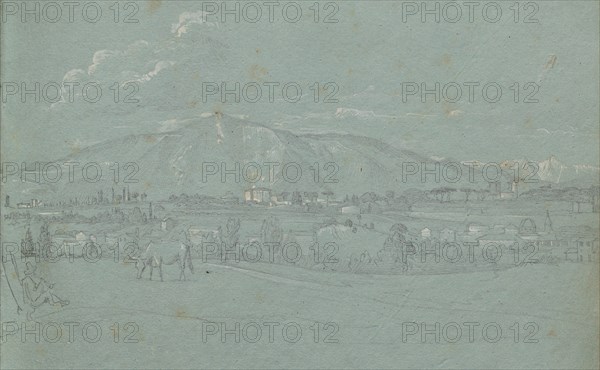 Album with Views of Rome and Surroundings, Landscape Studies, page 10a: Roman Landscape. Franz Johann Heinrich Nadorp (German, 1794-1876). Graphite with white hightening on blue paper