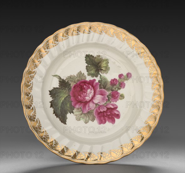 Plate from Dessert Service: Hollyhock, c. 1800. Derby (Crown Derby Period) (British). Porcelain; diameter: 23.5 cm (9 1/4 in.); overall: 3.2 cm (1 1/4 in.).
