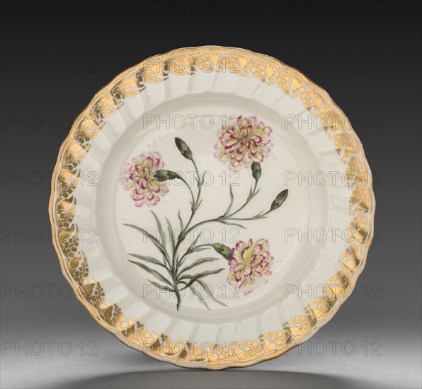 Plate from Dessert Service: Picatee Carnation, c. 1800. Derby (Crown Derby Period) (British). Porcelain; diameter: 23.7 cm (9 5/16 in.); overall: 3.2 cm (1 1/4 in.).