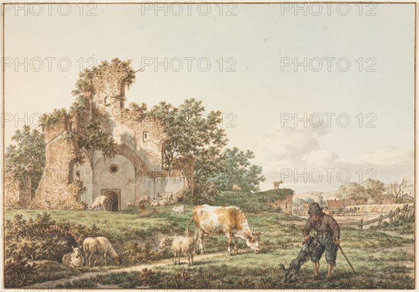 Pastoral Landscape with a Ruin, 1799. Jacob Cats (Dutch, 1741-1799). Watercolor, point of brush and watercolor, and pen and brown ink over black chalk; framing lines in brown ink and brown wash; sheet: 25.8 x 18 cm (10 3/16 x 7 1/16 in.); secondary support: 25.8 x 18 cm (10 3/16 x 7 1/16 in.).