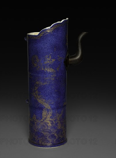 Cylindrical Ewer with Dragons Pursuing Flaming Jewel, 1662-1722. China, Jiangxi province, Jingdezhen kilns, Qing dynasty (1644-1912), Kangxi reign (1661-1722). Porcelain with powder blue glaze painted with gold decoration and supplied with metal fittings; diameter: 14.7 cm (5 13/16 in.); overall: 41.6 cm (16 3/8 in.); diameter with spout: 20.6 cm (8 1/8 in.).