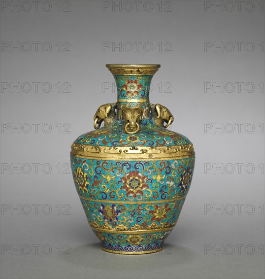 Vase with Three Rams' Heads, 1736-1795. China, Jiangxi province, Jingdezhen, Qing dynasty (1644-1911), Qianlong mark and reign (1736-1795). Cloisonné enamel; diameter: 9.4 cm (3 11/16 in.); overall: 14 cm (5 1/2 in.).