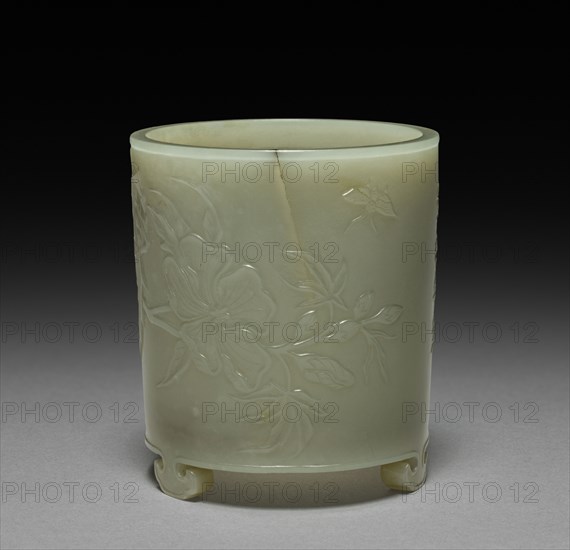Cylindrical Container with Mallows and Inscription in Relief, 1736-1795. China, Qing dynasty (1644-1912), Qianlong reign (1736-1795). White jade; diameter: 5.3 cm (2 1/16 in.); overall: 6.1 cm (2 3/8 in.).