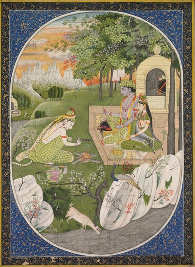 Rama, Sita and Lakshmana in the Forest, page from the Ramayana (Tales of God Rama), c. 1830. India, Pahari Hills, Kangra school, 19th century. Ink and color on paper; overall: 21.5 x 15 cm (8 7/16 x 5 7/8 in.); with borders: 22.2 x 16.1 cm (8 3/4 x 6 5/16 in.).