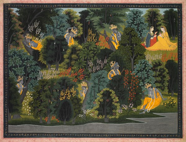 Krishna's Longing for Radha, from the Gita Govinda of Jayadeva, c. 1820-1825. India, Pahari Hills, Kangra School, Lambagraon series, 19th century. Ink and color on paper; image: 24.1 x 32.4 cm (9 1/2 x 12 3/4 in.); with mat: 40.6 x 53.2 cm (16 x 20 15/16 in.); with borders: 25.6 x 33.8 cm (10 1/16 x 13 5/16 in.).