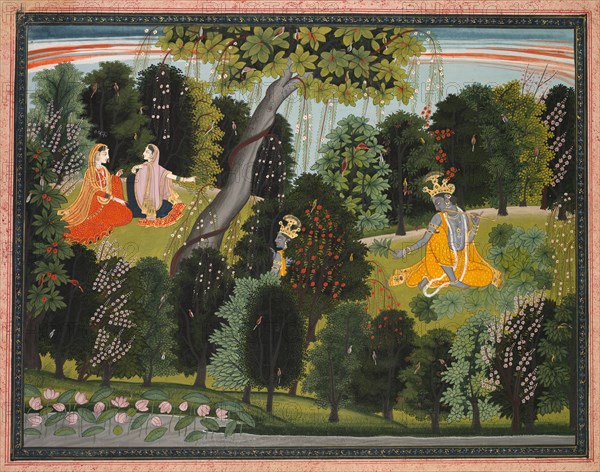 Sakhi Persuades Radha to Meet Krishna, from the "Lambagraon" Gita Govinda (Song of the Cowherd) of Jayadeva, c. 1820-1825. India, Pahari Hills, Kangra school, Lambagraon series, 19th century. Ink and color on paper; overall: 24.1 x 32.1 cm (9 1/2 x 12 5/8 in.); with borders: 25.4 x 30.3 cm (10 x 11 15/16 in.).
