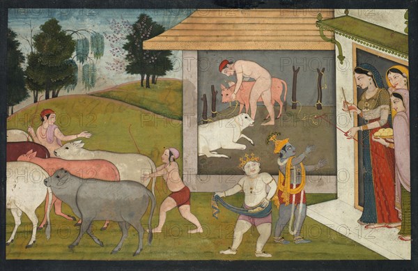 Krishna and Lakshmana Taking the Cattle Out to Graze, page from the Bhagavata Purana, c. 1780-1790. India, Pahari Hills, Guler school, 18th century. Ink and color on paper; image: 12.7 x 20.5 cm (5 x 8 1/16 in.); with borders: 14.5 x 21.9 cm (5 11/16 x 8 5/8 in.).