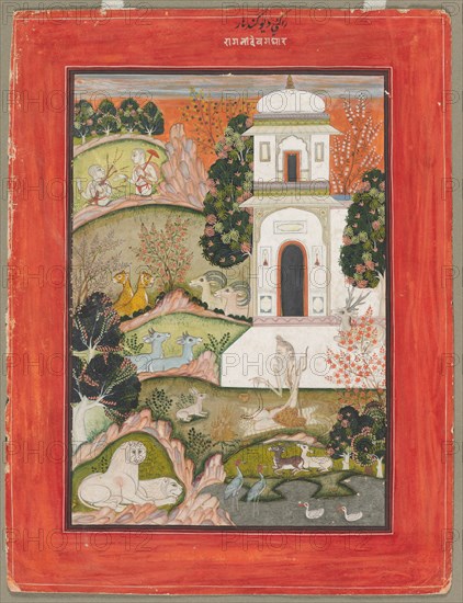 Devagandhara Ragini: An Ascetic in Retreat, from the Ragamala Series, c. 1760. India, Rajasthan, Bundi-Kota school, 18th century. Color on paper; overall: 25.6 x 18 cm (10 1/16 x 7 1/16 in.); with borders: 33.5 x 25.4 cm (13 3/16 x 10 in.).