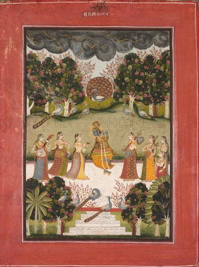 Malar Ragini: Krishna Playing the Flute to Seven Gopis Holding Musical Instruments, from the Ragamala Series, c. 1760. India, Rajasthan, Bundi-Kota, 18th century. Color with gold and silver on paper; overall: 26.4 x 18.7 cm (10 3/8 x 7 3/8 in.).