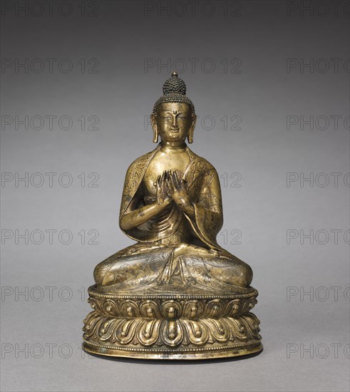 Seated Maitreya Buddha, c. 1400. Western Tibet, Yongle Period (1403-1424). Bronze; overall: 18.6 cm (7 5/16 in.); base: 12.2 cm (4 13/16 in.).
