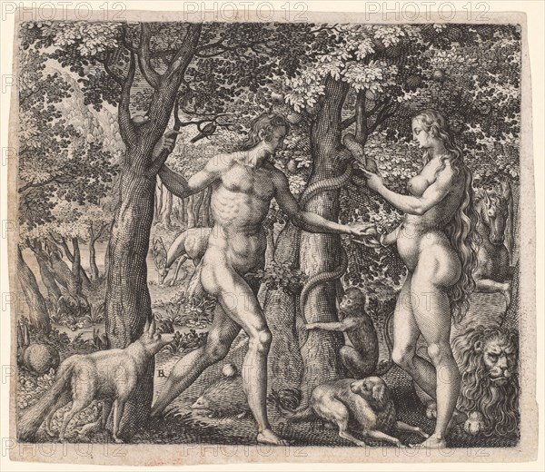 Adam and Eve, late 1500s. Robert Boissard (French, 1570-aft 1603). Engraving; sheet: 12 x 14 cm (4 3/4 x 5 1/2 in.); platemark: 11.3 x 13.4 cm (4 7/16 x 5 1/4 in.)