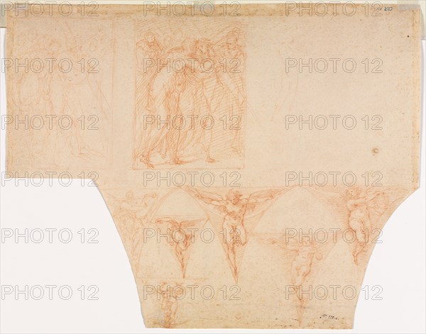 Studies for Christ Meeting His Mother on the Road to Calvary, Studies of an Angel in a Pendentive (verso), 1599/1604. Cristofano Roncalli (Italian, 1552-1626). Red chalk; secondary support: 27.8 x 35.3 cm (10 15/16 x 13 7/8 in.).