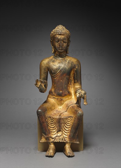 Enthroned Buddha preaching, 700s-800s. Myanmar or Thailand, 8th-9th century. Copper alloy with gilding;