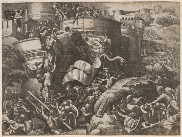 The Seige of Carthage, 1539. Georg Pencz (German, c. 1500-1550), after Giulio Romano (Italian, 1492/99-1546). Engraving