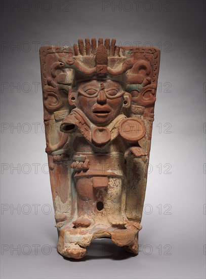 Incense Burner Support, 600-900. Mexico, Chiapas, Palenque Region, Maya, Classic period. Pottery with polychrome; overall: 54.7 x 31.3 x 28.8 cm (21 9/16 x 12 5/16 x 11 5/16 in.).