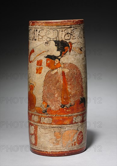 Painted Vase with Ruler and Scribe, 600-900. Guatemala, Northern Peten or Mexico, Southern Campeche, Maya, Late Classic, 7th-10th Century. Pottery with burnished, colored slips; overall: 24.5 x 10.5 cm (9 5/8 x 4 1/8 in.).
