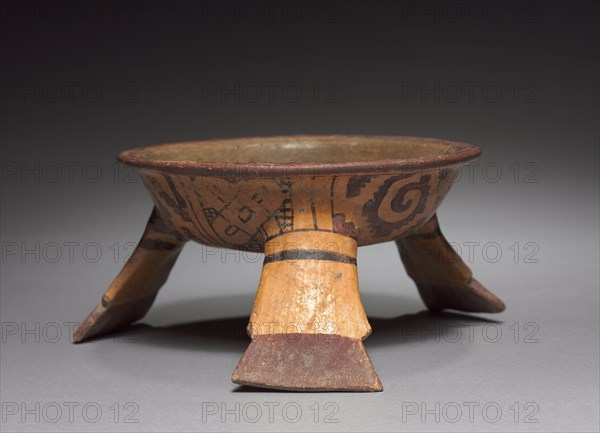 Tripod Bowl with Painted Underside, 1200-1519. Mexico, Oaxaca, Mixtec, 13th-16th century. Pottery with burnished, colored slips; diameter: 15.5 cm (6 1/8 in.); overall: 8.5 x 17.5 cm (3 3/8 x 6 7/8 in.).