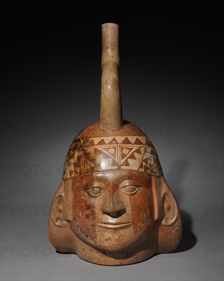 Portrait Head  Vessel, c. 200-550. Peru, North Coast, Moche style (50-800). Earthenware with colored slips; overall: 32 x 18.6 x 19.3 cm (12 5/8 x 7 5/16 x 7 5/8 in.).