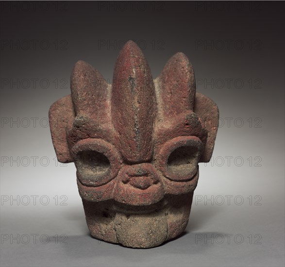 Head Hacha, 300-900. Mexico, Veracruz. Gray volcanic stone with red pigment; overall: 19.5 x 17.2 x 15.5 cm (7 11/16 x 6 3/4 x 6 1/8 in.).