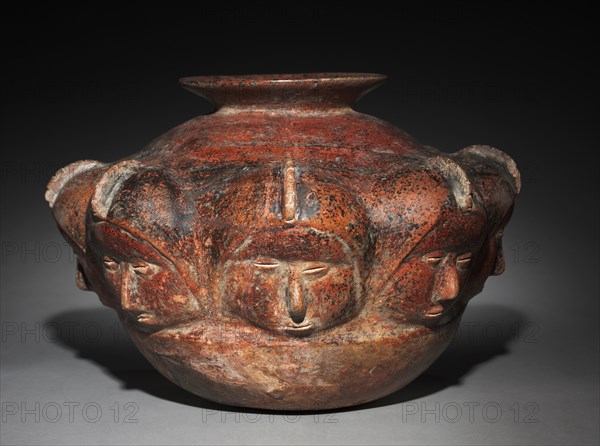 Vessel with Crested Heads, 200 BC-AD 300. West Mexico, Colima, Comala style (200 BC-AD 300). Earthenware with colored slip, black burial deposits; diameter: 22.2 x 32.8 cm (8 3/4 x 12 15/16 in.); overall: 22.2 cm (8 3/4 in.).