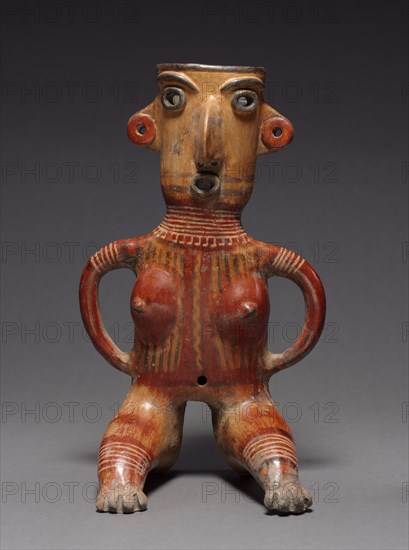 Seated Female Figure, 100 BC - 300. Mexico, Jalisco, Zacatecas style. Pottery with burnished, colored slips, resist patterning, and possibly post-fire painting; overall: 36.5 x 22 x 15.5 cm (14 3/8 x 8 11/16 x 6 1/8 in.).