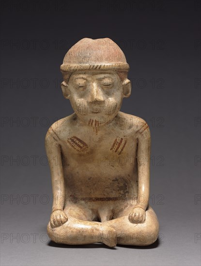 Seated Male Figure with Backrest, 100 BC - 300. Mexico, Nayarit, Chinesco style, Type E. Pottery with burnished cream and red slips; overall: 28 x 16 x 18 cm (11 x 6 5/16 x 7 1/16 in.).