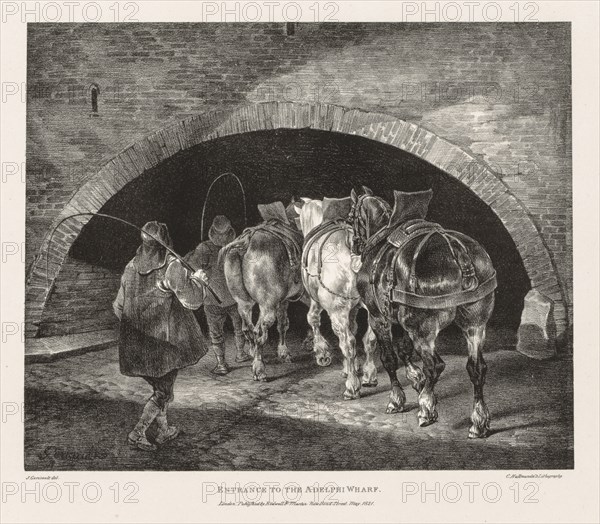 Various Subjects Drawn from Life and on Stone:  Entrance to Adelphi Wharf, 1821. Théodore Géricault (French, 1791-1824). Lithograph; sheet: 38 x 56 cm (14 15/16 x 22 1/16 in.); image: 25.2 x 30.9 cm (9 15/16 x 12 3/16 in.)