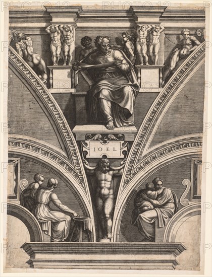 Six Prophets and Sibyls: The Prophet Joel, early 1570s. Giorgio Ghisi (Italian, 1520-1582), after Michelangelo Buonarroti (Italian, 1475-1564). Engraving; sheet: 55.9 x 41.5 cm (22 x 16 5/16 in.); secondary support: 57.7 x 42.9 cm (22 11/16 x 16 7/8 in.)