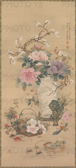 Vase of Flowers with Grasshopper, Marine Life, and Garden Rock, late 1800s. Okabe Ko (Japanese). Hanging scroll; ink and color on silk; overall: 170.2 x 87.7 cm (67 x 34 1/2 in.); painting only: 126.4 x 56 cm (49 3/4 x 22 1/16 in.).