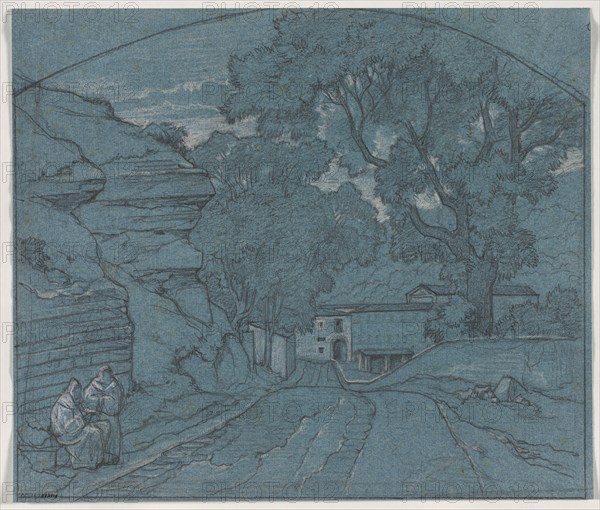 Landscape with Two Monks, c. 1840. François Edouard Bertin (French, 1797-1871). Graphite heightened with white chalk; framing lines (arched at top) in graphite; sheet: 27.4 x 32.2 cm (10 13/16 x 12 11/16 in.).