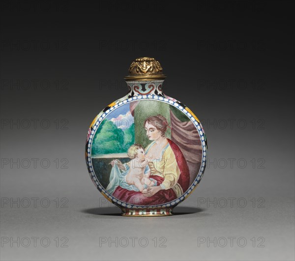 Snuff Bottle with European Figures, 1736-1795. China, Qing dynasty (1644-1912), Qianlong mark and reign (1736-1795). Painted enamel on copper; overall: 7.4 cm (2 15/16 in.).