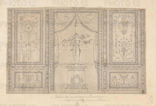 Statue of Cupid in a Wall Niche, late 18th century. Paolo Vincenzo Bonomini (Italian, 1757-1834). Pen and black ink (ruled in places) with traces of graphite, heightened with traces of white ; sheet: 20.2 x 32.8 cm (7 15/16 x 12 15/16 in.); secondary support: 27.2 x 40.1 cm (10 11/16 x 15 13/16 in.).