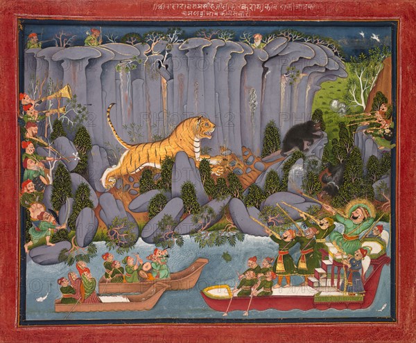 Tiger Hunt of Ram Singh II, c. 1830-1840. India, Rajasthan, Kota school, 19th century. Ink, color on paper; image: 25.3 x 49.1 cm (9 15/16 x 19 5/16 in.); with mat: 40.6 x 53.2 cm (16 x 20 15/16 in.).