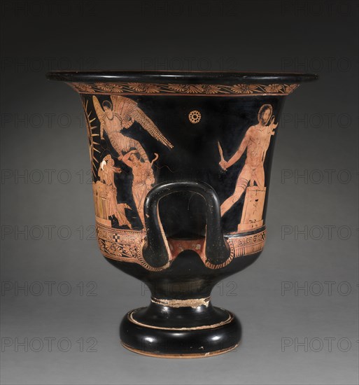 Lucanian Calyx-Krater, c. 400 BC. Attributed to Policoro Painter (Italian). Red-figure earthenware with added white, red, yellow, and brown wash; diameter of mouth: 49.9 cm (19 5/8 in.); overall: 50.5 cm (19 7/8 in.); diameter of foot: 22 cm (8 11/16 in.).