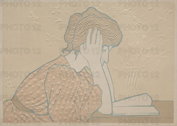Young Woman Reading, 1896. Alexandre-Louis-Marie Charpentier (French, 1856-1909), from the edition issued for The Studio. Embossed color lithograph; sheet: 20 x 28.5 cm (7 7/8 x 11 1/4 in.); image: 16 x 22.8 cm (6 5/16 x 9 in.)