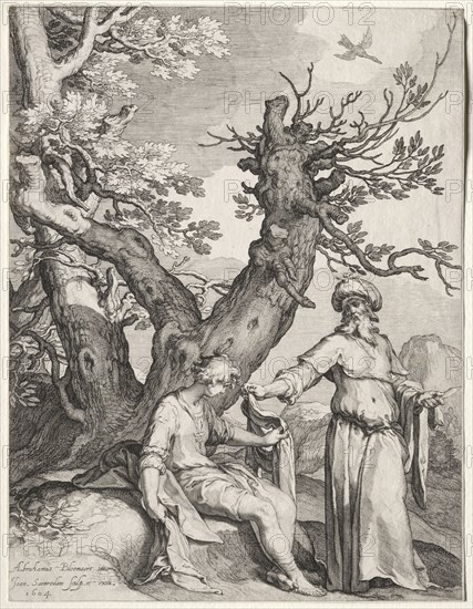 Scenes of the Prophet Ahijah: Ahijah and Jeroboam, 1604. Jan Saenredam (Dutch, 1565-1607), Jan Saenredam (Dutch, 1565-1607), after Abraham Bloemaert (Dutch, 1564-1651). Engraving; sheet: 25.5 x 19.5 cm (10 1/16 x 7 11/16 in.)