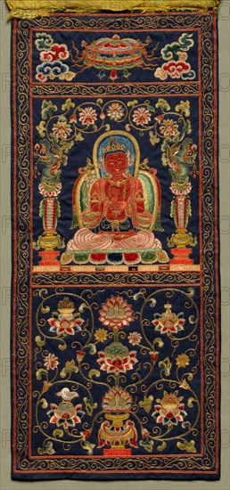 Thangka with the Seventh Bodhisattva, 1368 - 1424. China, Ming dynasty (1368-1644). Embroidery, silk and gold thread on silk satin ground; overall: 44 x 21.5 cm (17 5/16 x 8 7/16 in.)