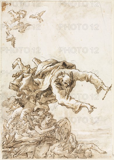 God the Father with Angels and Cherubs, 1758 or after. Giovanni Domenico Tiepolo (Italian, 1727-1804). Pen and brown ink and brush and brown wash over black chalk; traces of framing lines in silver paint ; sheet: 28.1 x 19.8 cm (11 1/16 x 7 13/16 in.); secondary support: 34.4 x 25.2 cm (13 9/16 x 9 15/16 in.).
